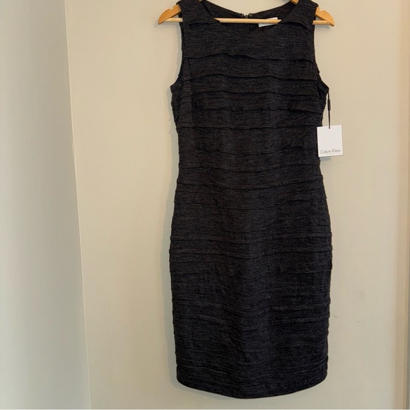 NWT Calvin Klein Womens Sleeveless Charcoal Gray Ruffle Layer Sheath Dress 10 - Picture 2 of 13